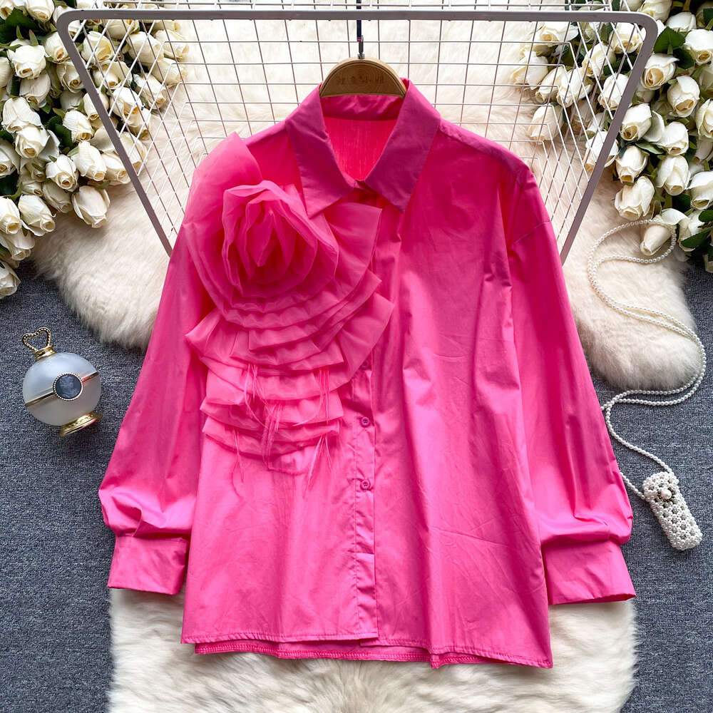 Spring womens shirt design three-dimensional floral slim fit versatile solid color long sleeved shirt French age reducing new top
