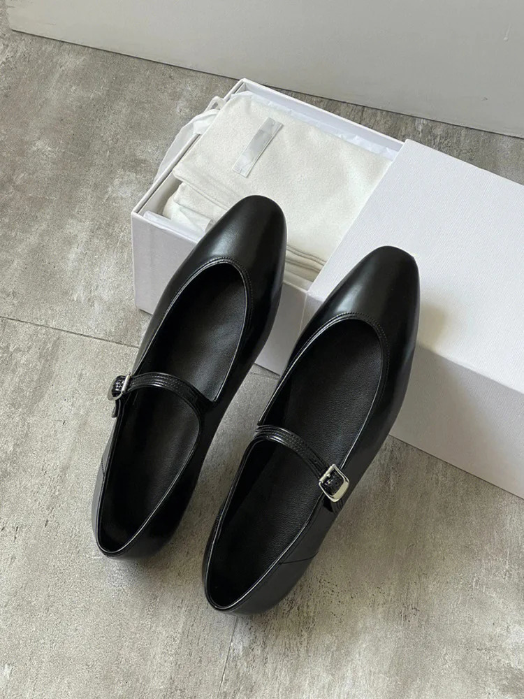 Maxdutti Shallow Mouth Mary Jane Shoes Womens Flat Shoes Ladies French Retro Single Shoes Buckle Leather Loafers Women 240606