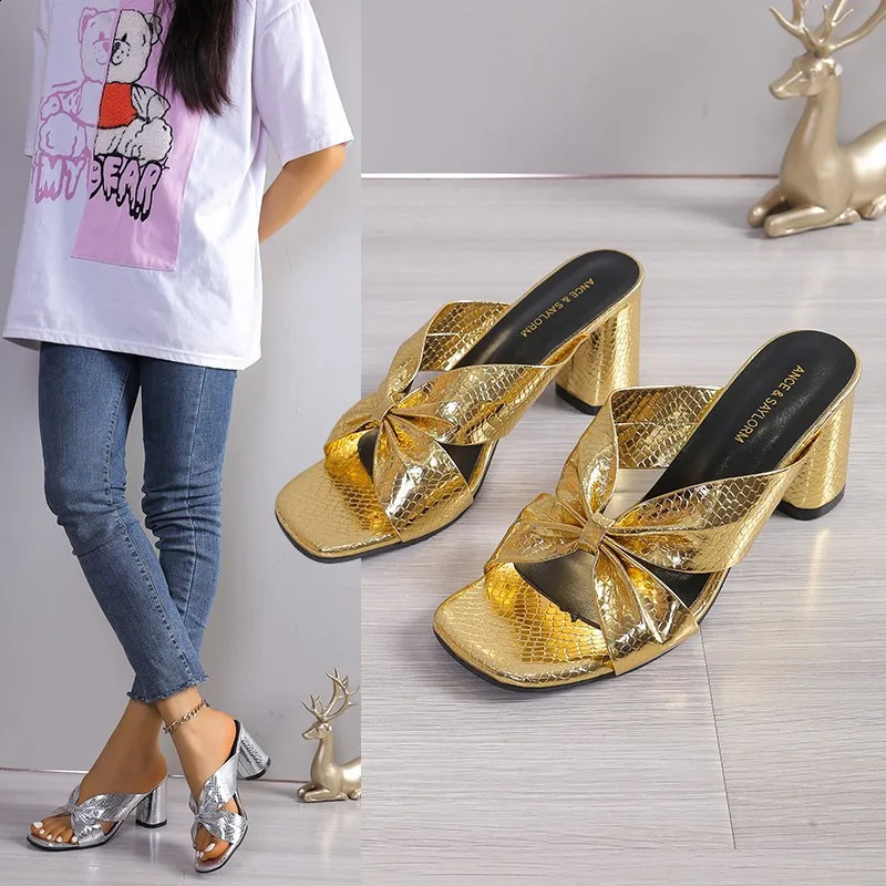Gold French high-heeled half slippers women wear 2024 summer silver square head chunky heel flip-flops open toe sandals 240605