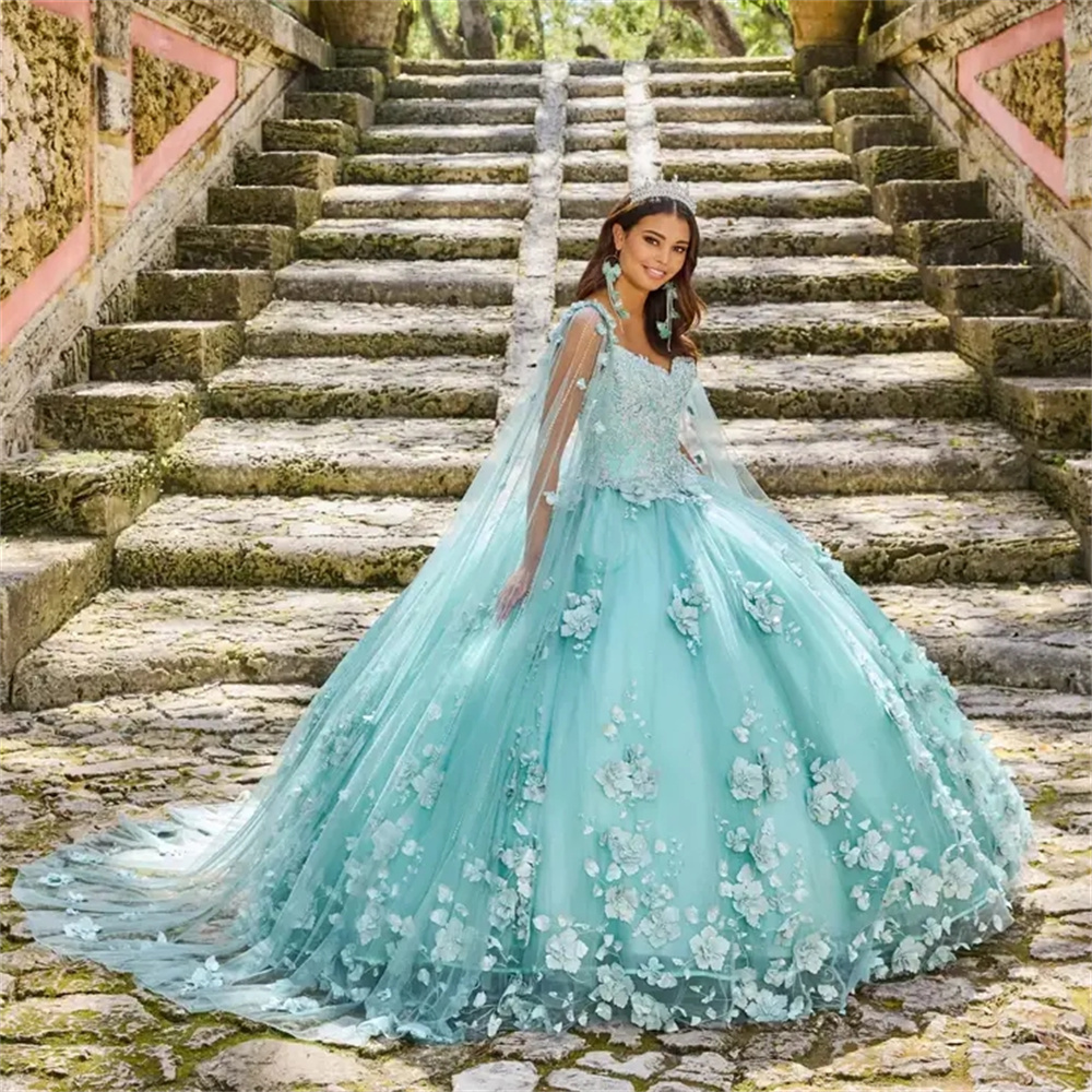 Turquoise Mexican Quinceanera Dresses Ball Gown Spaghetti Straps Tulle Floral Pearls Puffy Charro Sweet 16 Dresses 15 Anos