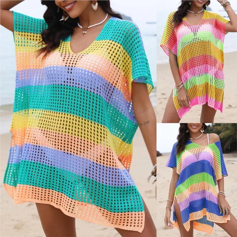 Beach Bath Exits Women Dress Swimsuit Ladies Fashion Color Stripes Hollow Shirt Stripe Polyester Swimwear Cover Up Tunic