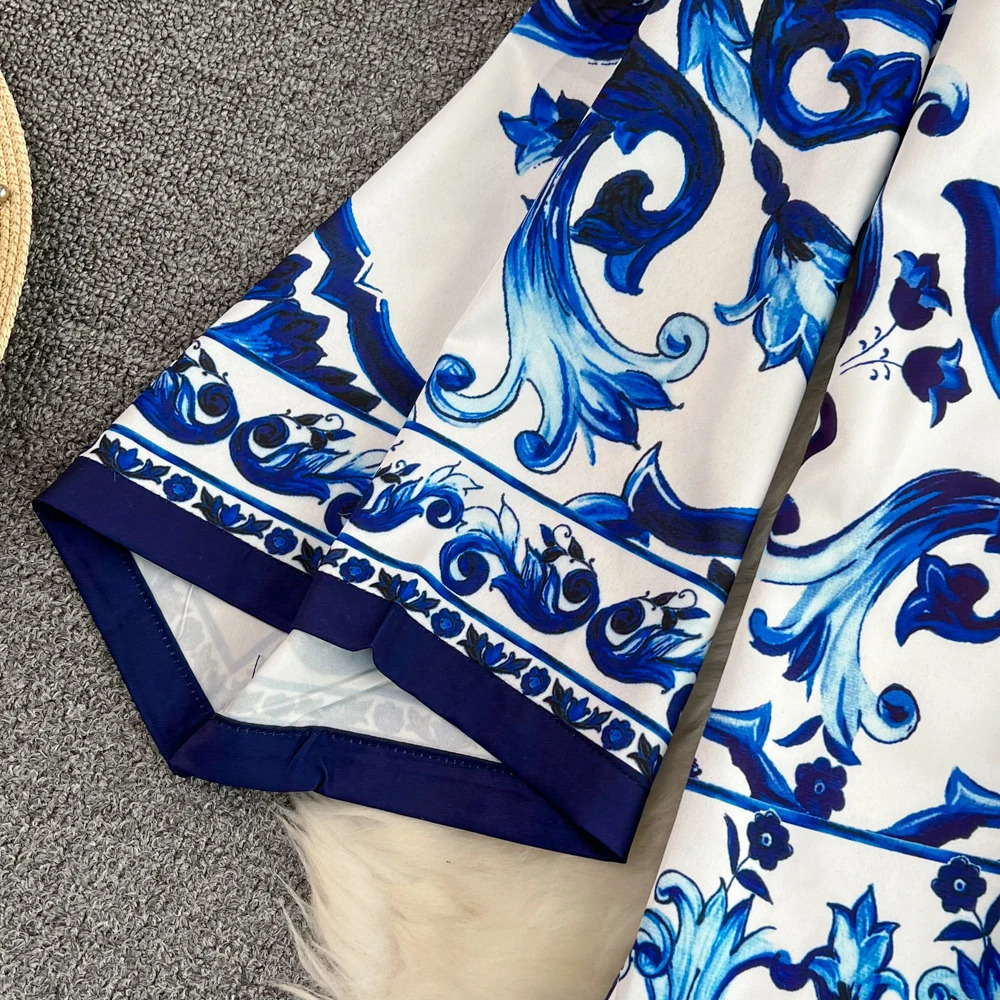 Autumn Runway Fashion Shorts Suit Women Turn-down Collar Blue and White Porcelain Print Shirts and Shorts 2 Pieces Set M6762 240530