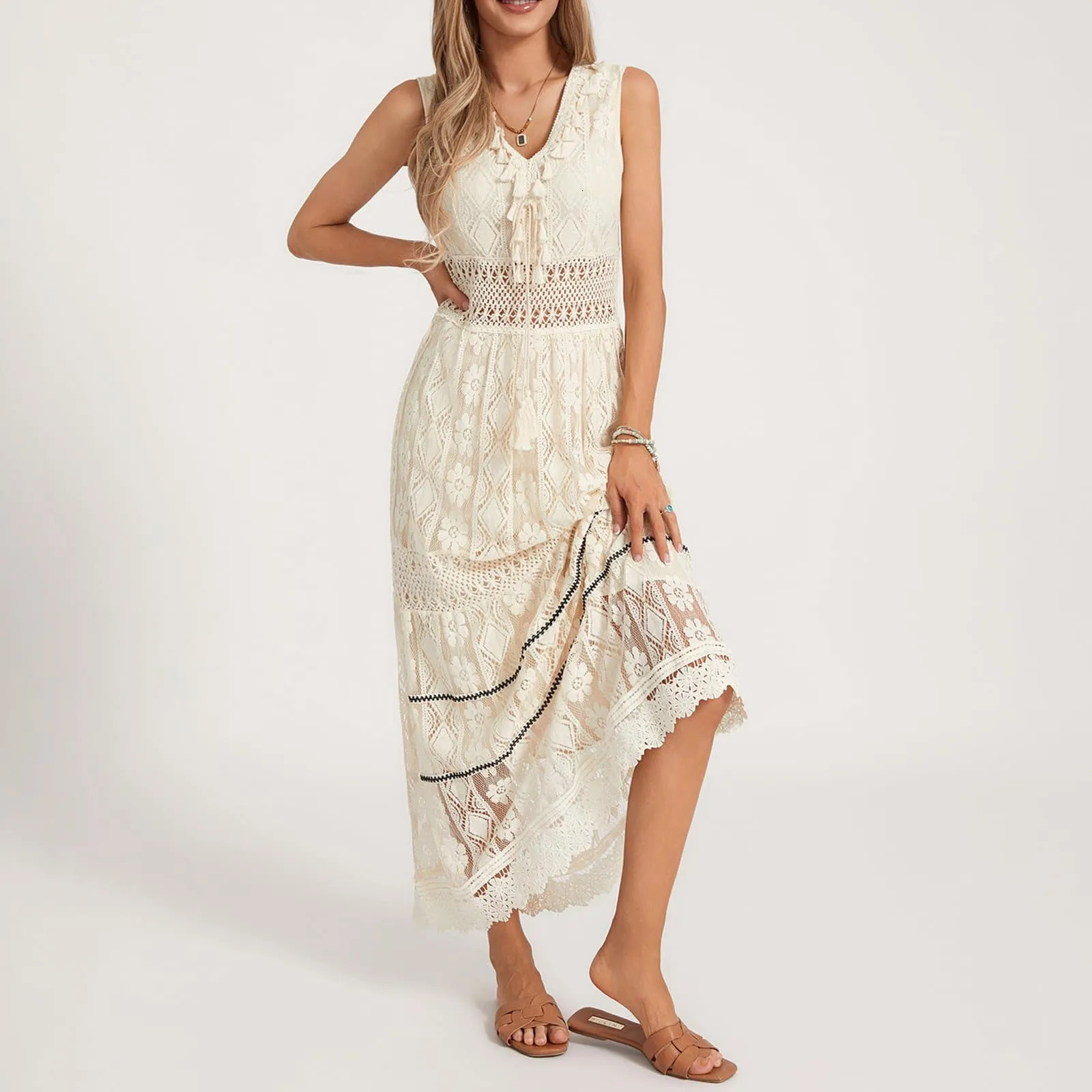 Boho Dress Women Summer Sleeveless Dress Female Solid Lace V Neck Sundress Ladies Hollow Out Beach Dress Vestidos De Mujer 240529