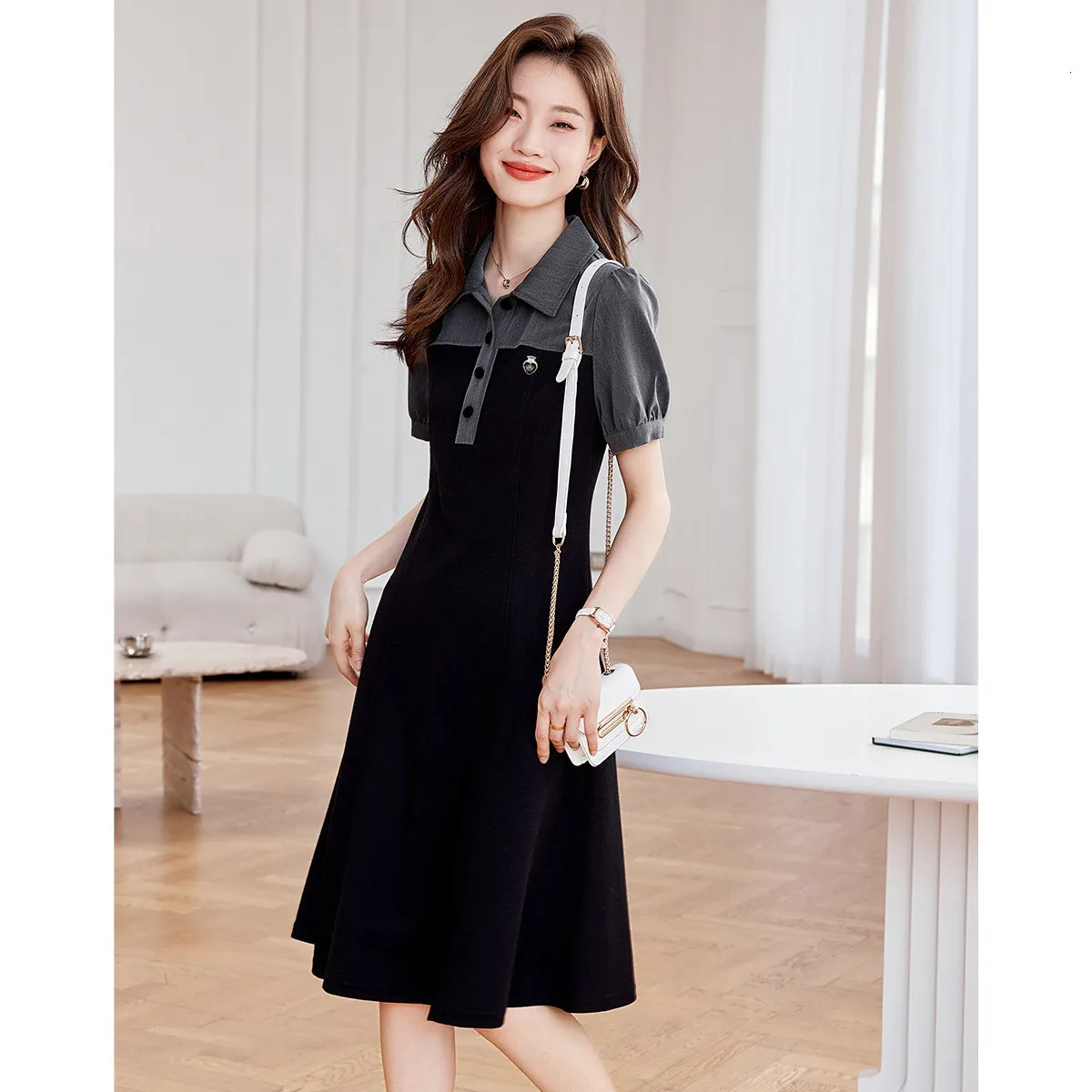 Hollow Out Embroidery Tea Break Dress for Women French A-LINE Elegant Turn Down Solid Female Midi Dresses Plus size 240529