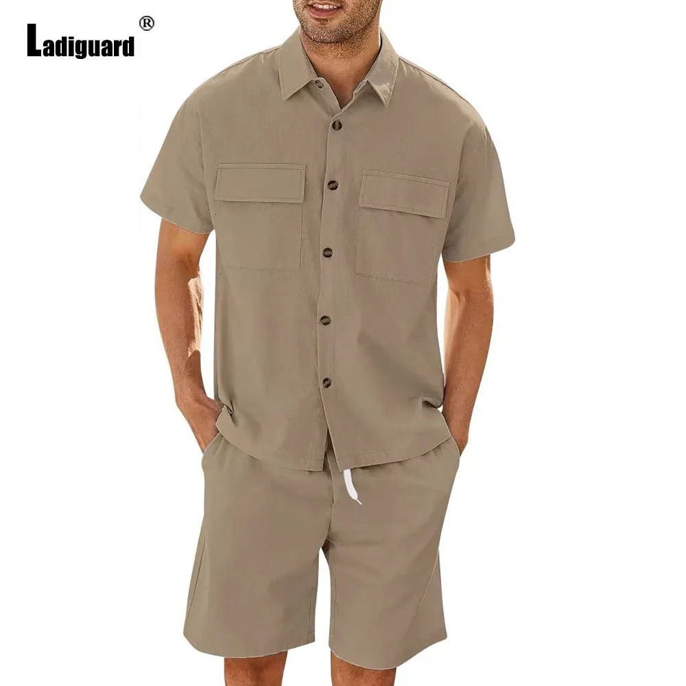 Mens Stand Pocket Casual Linen Two Piece Sets European Style Vintage Cargo Blouse and Shorts Suit Men Beach Tracksuits Set 240530