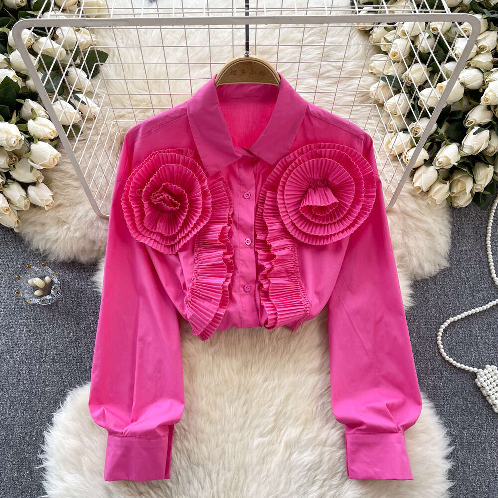 European style shirt womens design with pressure pleats three-dimensional floral and ruffled edges loose and slimming and versatile bubble sleeve top 