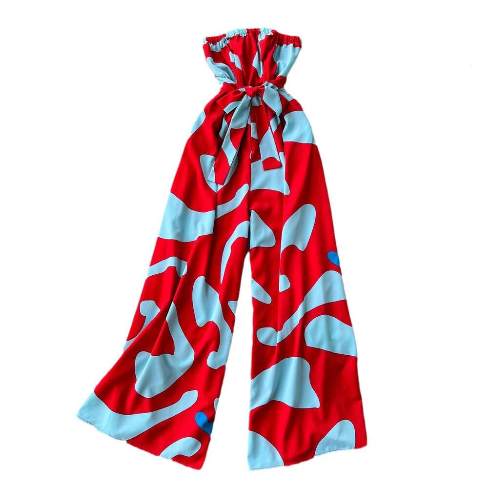 Instagram vacation jumpsuit for women light mature style waist strap one line collar strapless long casual printed pants