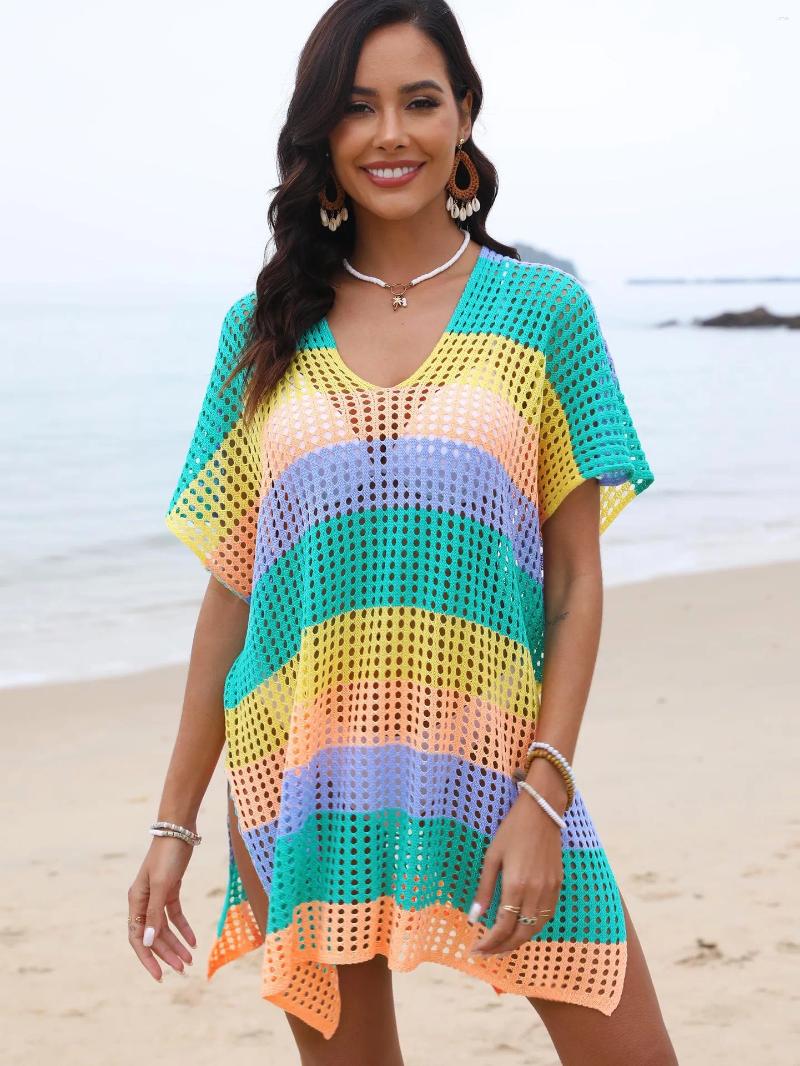 Beach Bath Exits Women Dress Swimsuit Ladies Fashion Color Stripes Hollow Shirt Stripe Polyester Swimwear Cover Up Tunic