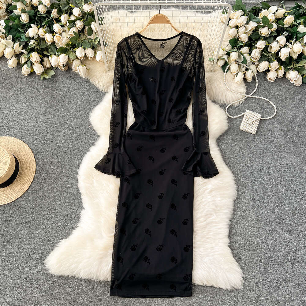 Dark style light mature rose print mesh camisole dress two-piece set for womens western-style age reducing cardigan short jacket