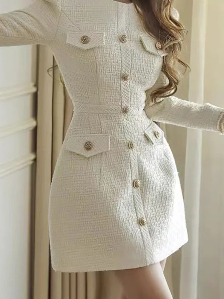 DEAT Womens Fashion Dress O-neck Long Sleeve Tweed Single Breasted High Waist Elegant White Dresses Autumn 13DB3314 240529