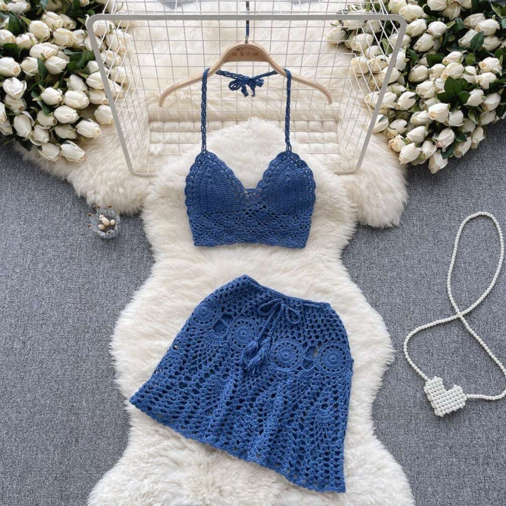 Beach resort style knitted camisole strapless hollowed out small vest+high waisted skirt spicy girl two-piece set for women