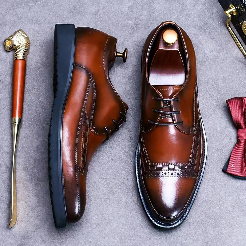 Business dress mens denim casual leather mens feet wide British Derby leather shoelaces 240606