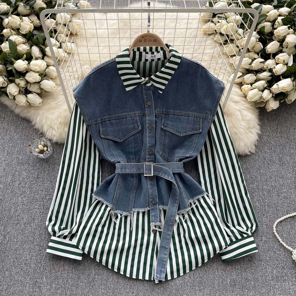 Fashionable Long Sleeve Fake Two Piece Top Womens Lace Up Waist Relaxed Loose Versatile Denim Spliced Striped Shirt