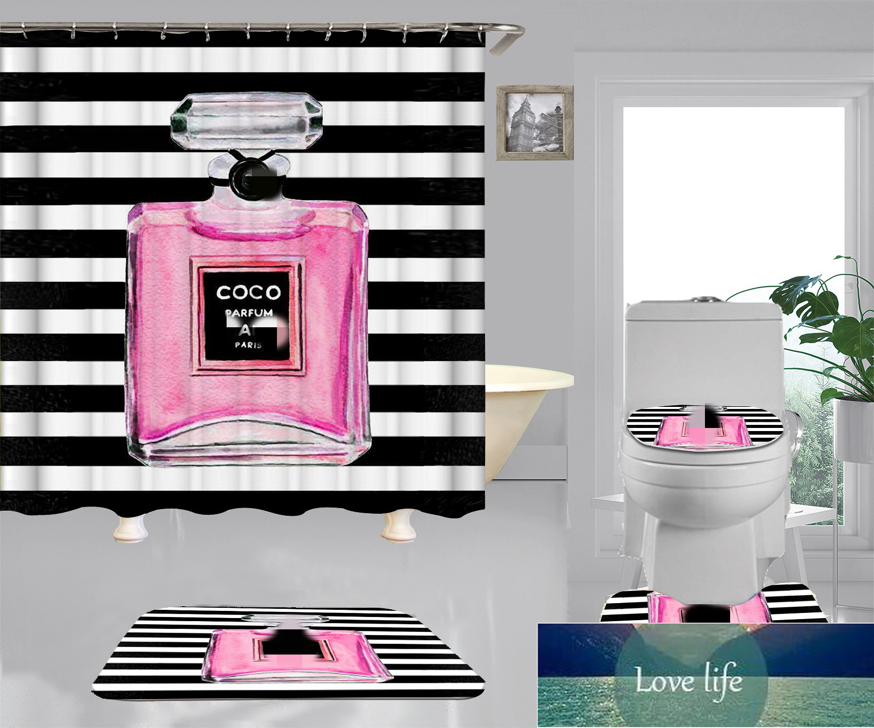 Fashion Practical Shower Curtains Bathroom Bathing Waterproof Shower Curtain Set with Toilet Covers Bath Mat for Non-slip Rug Carpet Bathroom Accessories