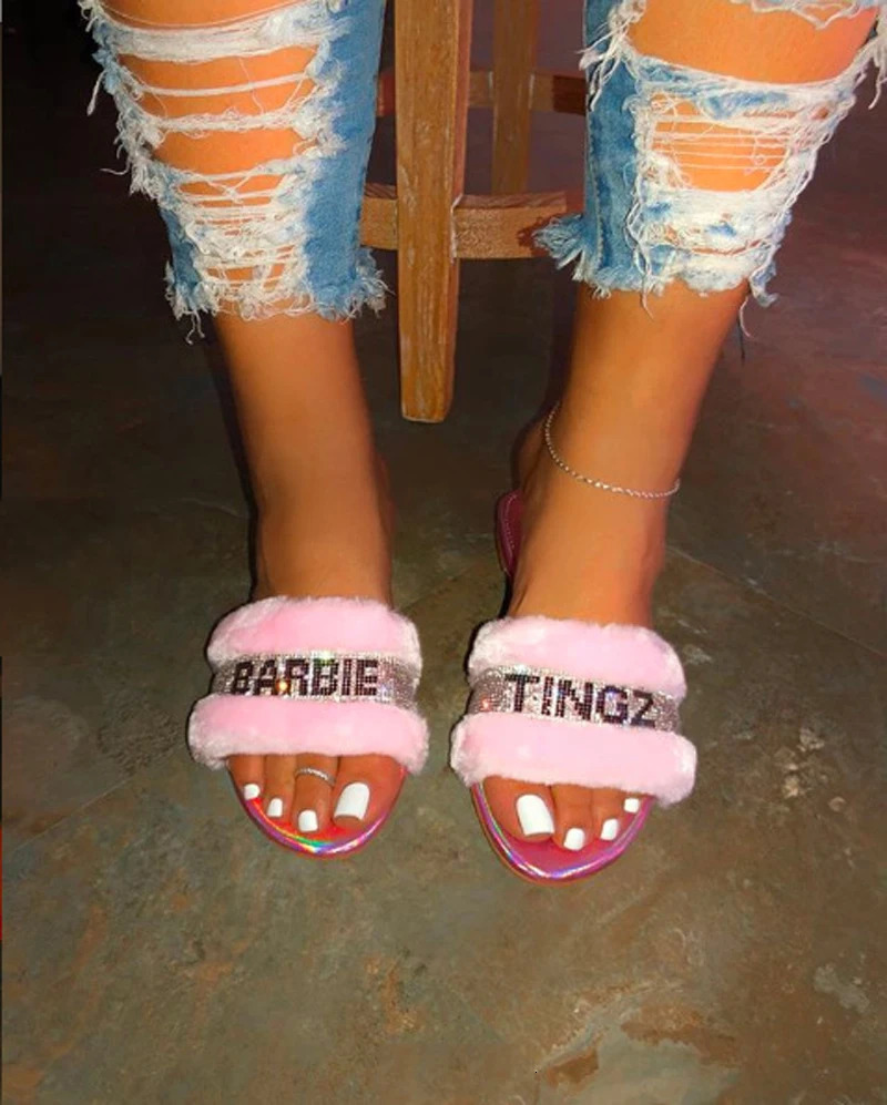 2024 Womens Sandals Crystal Flat Shoes Fur Water Diamond Summer Shoes Womens Flip Beach Sandals Size 35-43 240606