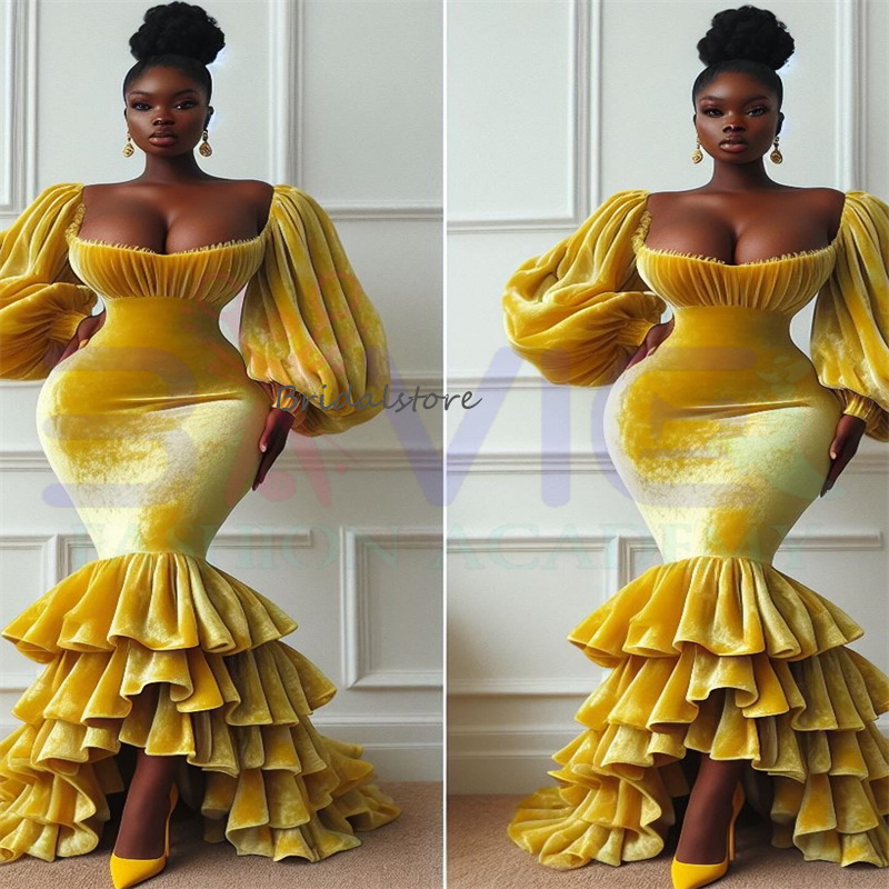 Gorgeous Nigeria African Prom Dresses Elegant Long Sleeve Velvet Mermaid Evening Gowns Tiered Ruffles Black Girls Formal Dress 2024 Dance Ceremony Bir