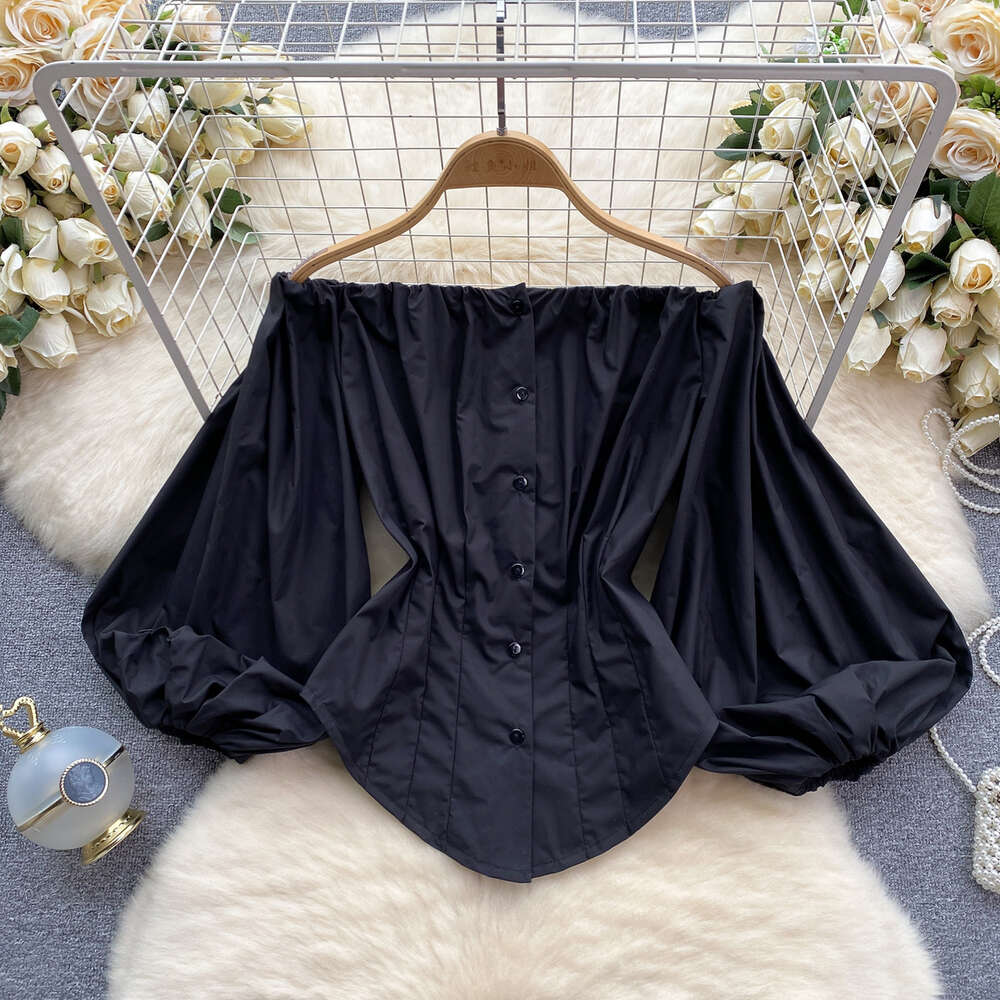 High end European style shirt womens design lantern sleeves heavy-duty pleated slim fit sexy one line collar off the shoulder top womens design