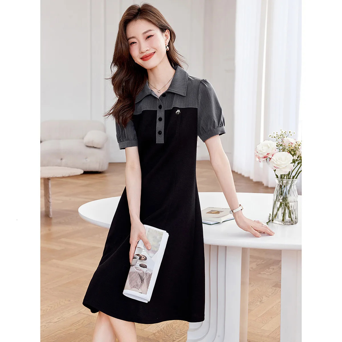 Hollow Out Embroidery Tea Break Dress for Women French A-LINE Elegant Turn Down Solid Female Midi Dresses Plus size 240529