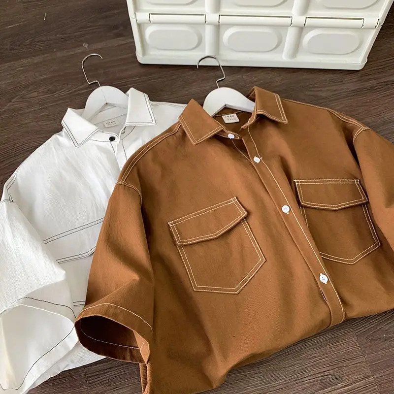 Street men and women unisex trend personalized short sleeved summer shirt couple loose lapel casual retro work attire top y2k 240530