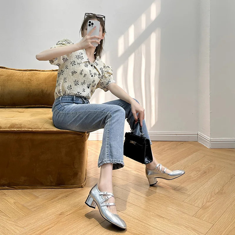 Square Heels Mary Jane Square Toe Med Heels Flats Spring/Autumn Solid Color Womens Shoes Buckle Fashion Womens Shoes 240606