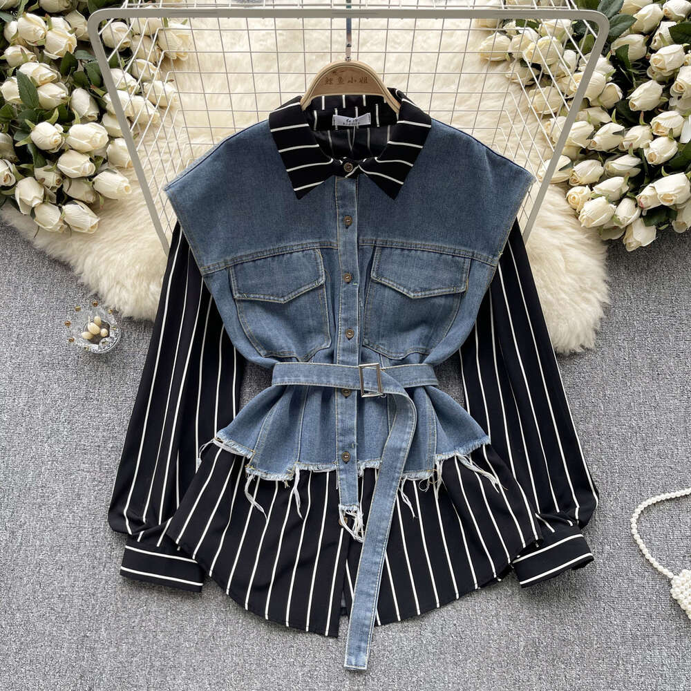 Fashionable Long Sleeve Fake Two Piece Top Womens Lace Up Waist Relaxed Loose Versatile Denim Spliced Striped Shirt