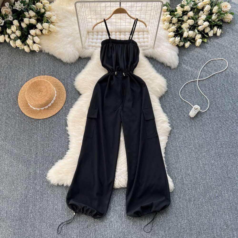 Korean style outfit with reduced age college style camisole jumpsuit for womens workwear large pocket slim fit long wide leg pants