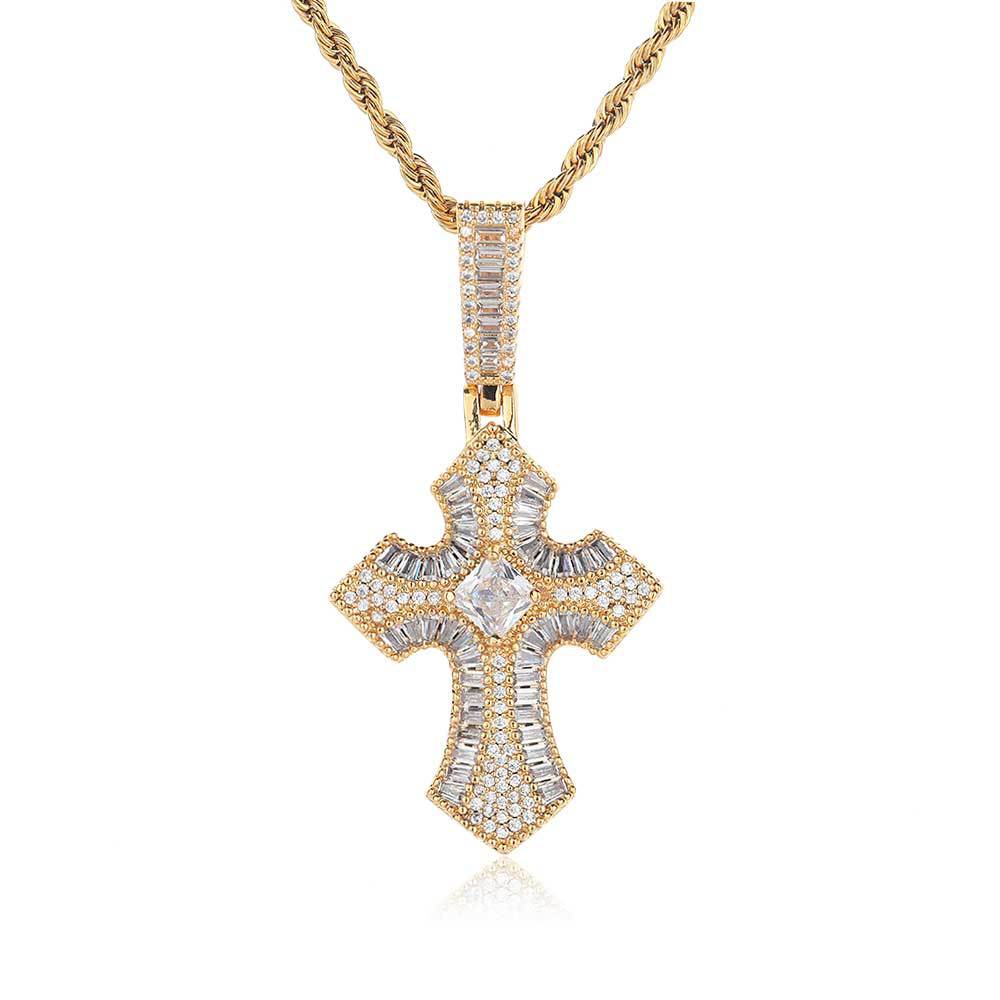 Hip Hop Cross Pendant Necklace TopBling 5A T Zircon Real Gold Plated Men Jewelry