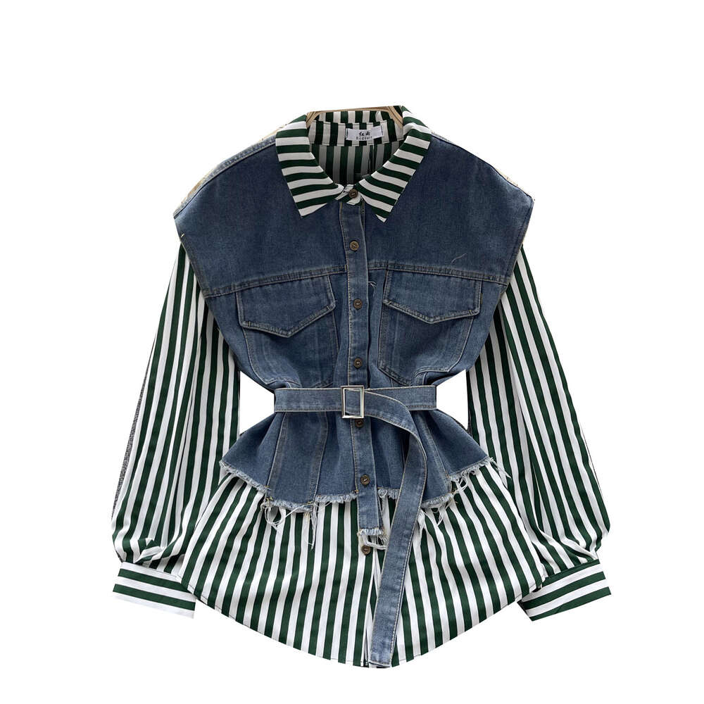 Fashionable Long Sleeve Fake Two Piece Top Womens Lace Up Waist Relaxed Loose Versatile Denim Spliced Striped Shirt
