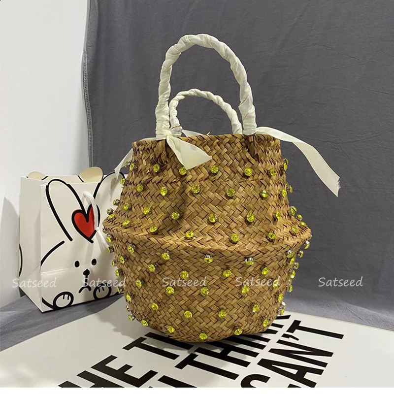 Hand sewn holiday fashion crystal basket dia beach resort retro handbag womens straw 240910 e061 4