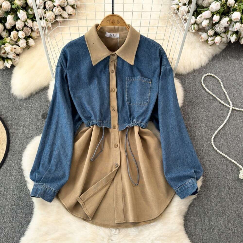 2024 Spring and Autumn Korean version fake two-piece long sleeved denim patchwork lapel waist tied shirt womens casual and stylish top