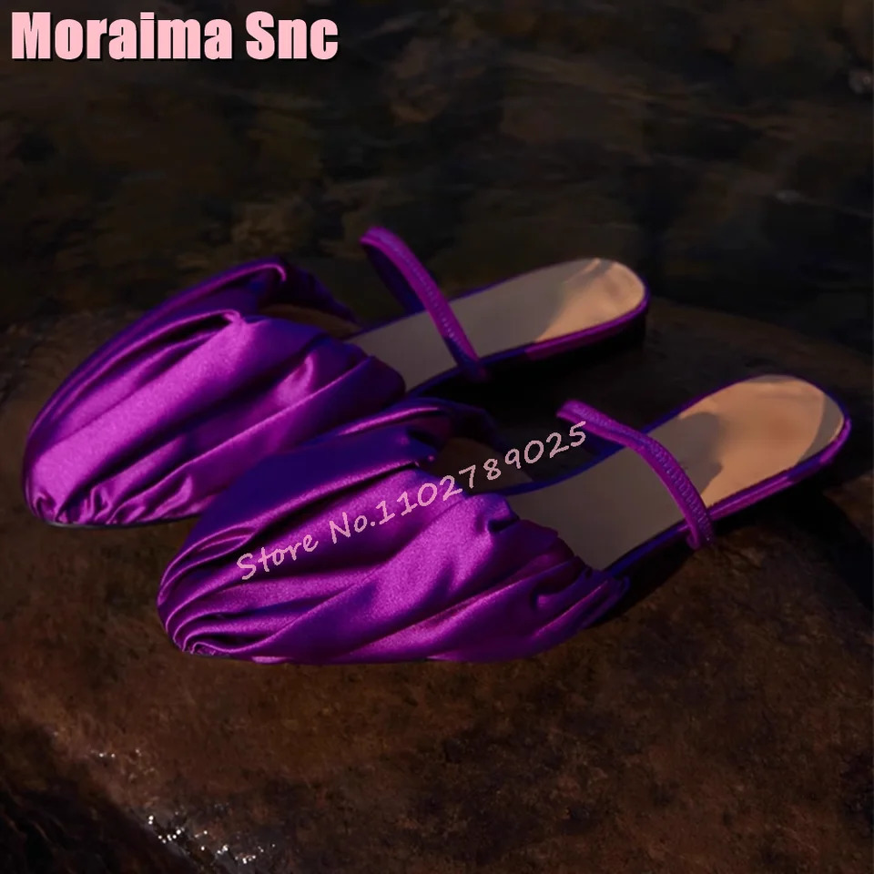 Satin pleated circular toe mule block with sexy fashionable and elegant womens slide in the middle heel. 2024 Spring and Summer Green Solid Slide 2406