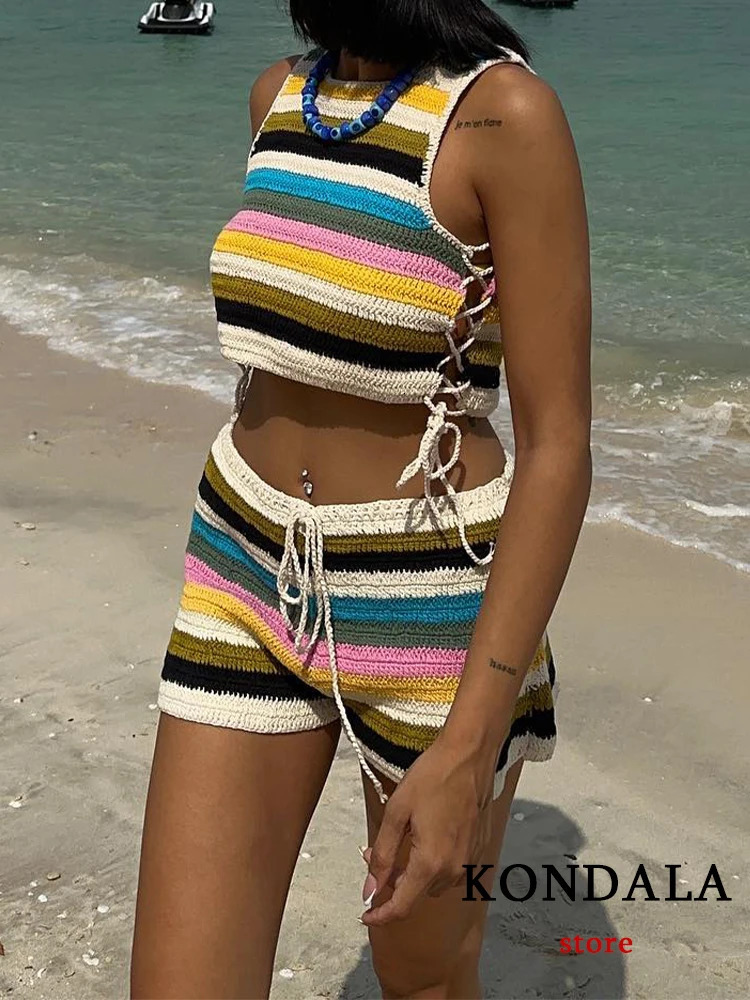 KONDALA Chic Sexy Sweet Rainbow Striped Women Knit Suit Fashion Summer Sleeveless Short Vest Crop Top Beach Lace Shorts 2409