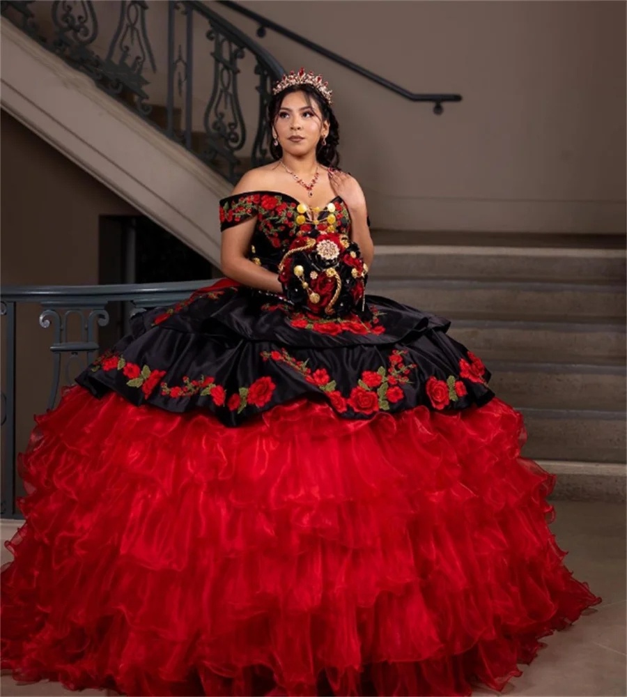 Gorgeous Mexican Quinceanera 2024 Charro Para Black With Red Tiered Ruffles wers Sweet 15 Dress vestidos de xv Birthday