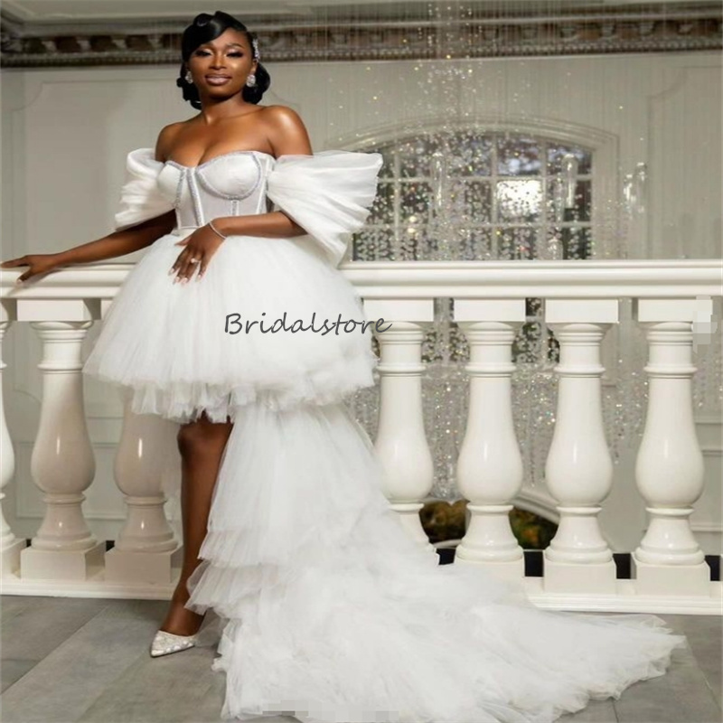 Luxury High Low Short Wedding Dresses 2024 Off Shoulders Beaded Ruffles Country Bridal Dress Elegant Tiered Destination Beach Bride Dress Sexy Vestios