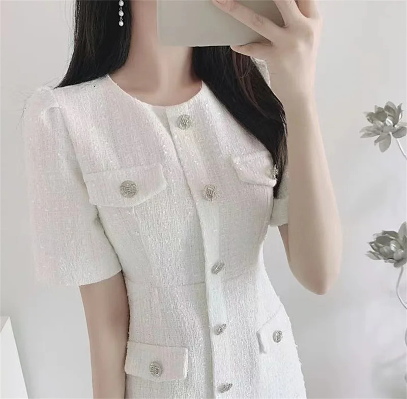 Chic Office Lady O Neck Puff Sleeve Dress Women Slim Waist Short Sleeve Tweed Summer Dresses A-Line Plaid Mini Vestidos F256 240529