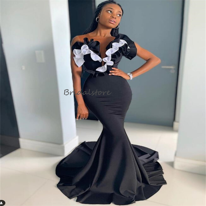 Elegant Black With White Prom Dresses With Detachable Train Black Girls Mermaid Evening Dress Ruffles Ceremony Second Party Dress 2024 Satin Special O