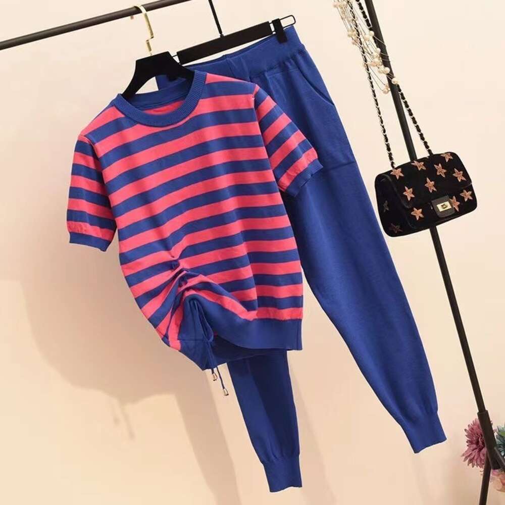 Summer New Knitted Western Style Casual Round Neck Spliced Striped Drawstring Short Sleeve Knitted Elastic Pants Set for Women
