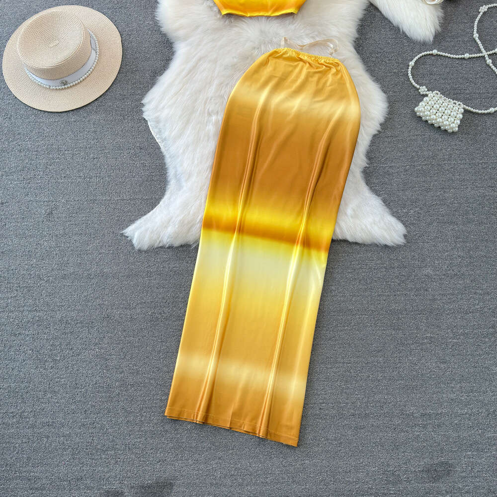 Fashionable set for women pile up collar strapless camisole two-piece high waisted gradient color wrapped hip skirt summer