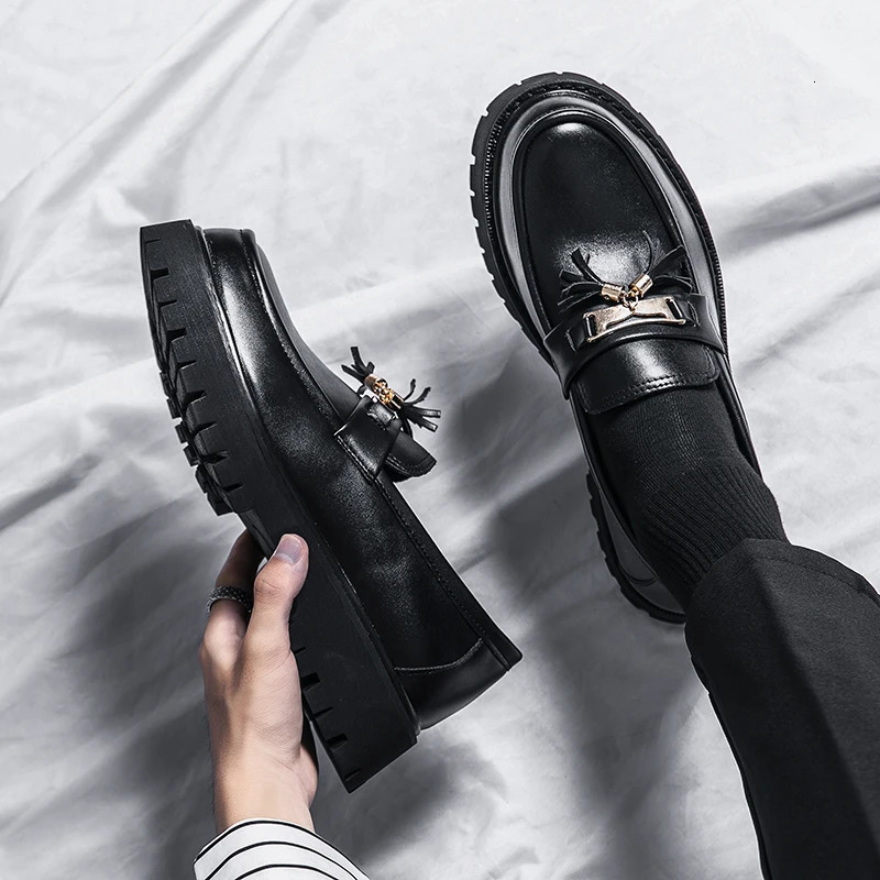 Mens Platform Leather Casual Shoes Black Loafers Dress Business Fashion Wedding 240606