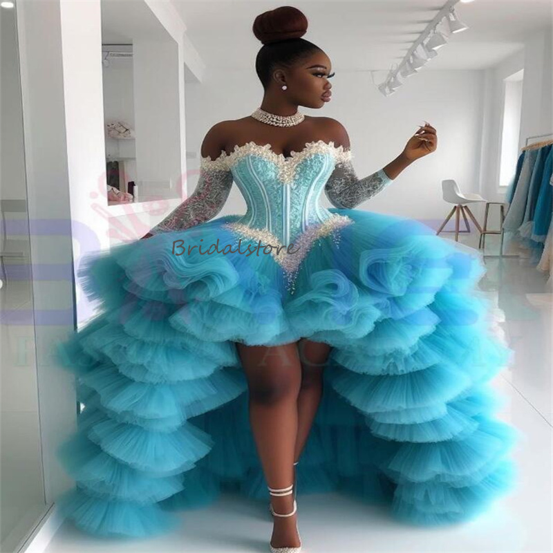 Luxury High Low Prom Dresses For Black Women Elegant Off Shoulders Long Sleeve Blue Evening Dress Aso Ebi Dance Birthday Dress Lace Tiered Ruffles For