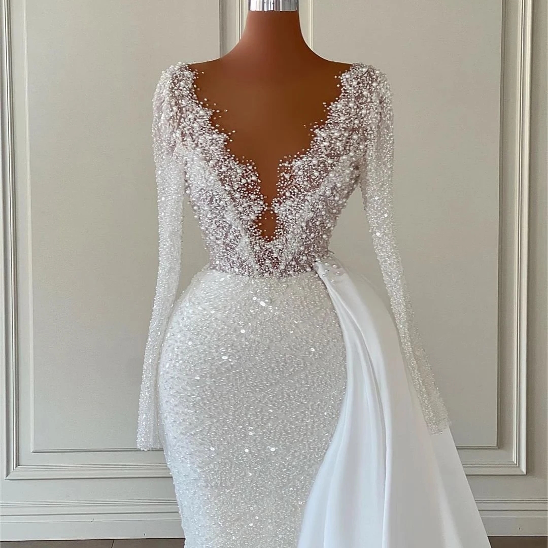 Classic Mermaid Wedding Dresses For Women Sheer Neck Pearls Sequins Bridal Gown Long Sleeves Sweep Train Dress Custom Made vestidos de novia