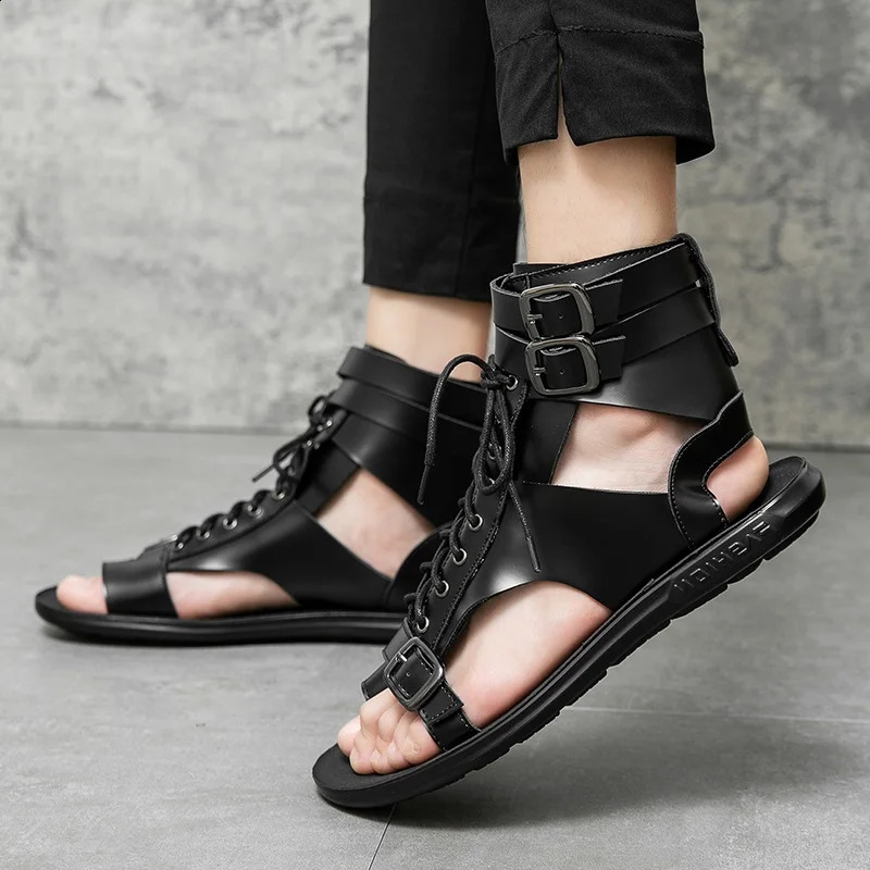 Summer Men Gladiators Lace Up Buckle Leather Casual Shoes Breathable Beach Sandals Outdoor Slippers Black White Plus Size 240606