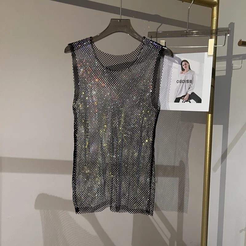 Women Men Crystal Rhinestones Shiny Sexy Y2K Tank Tops High Quality Party Club Sexy See Through Mesh Hollow Out Diamond shirt 240601