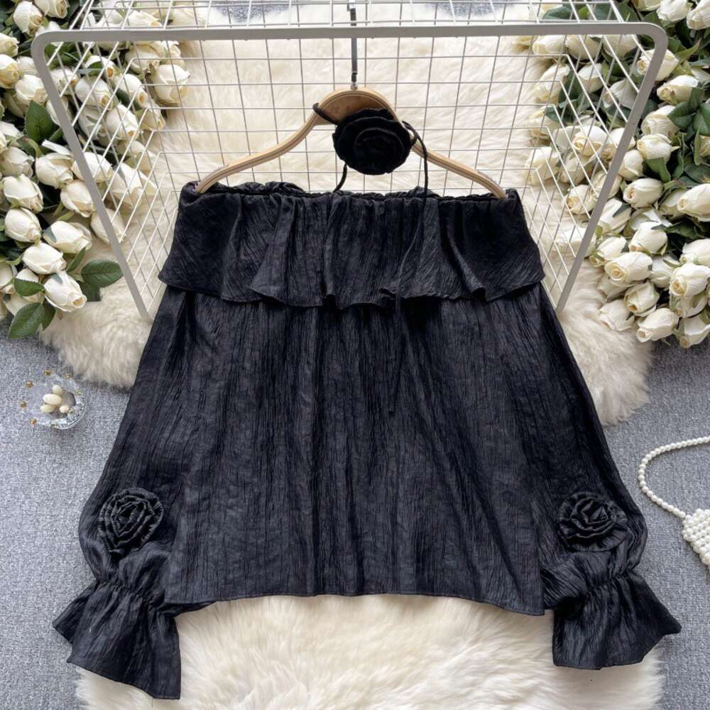 French Chiffon Shirt Womens Sweet Ruffle Edge One line Neck Off Shoulder Design with Three Dimensional Flower Bubble Sleeve Top Womens Spring