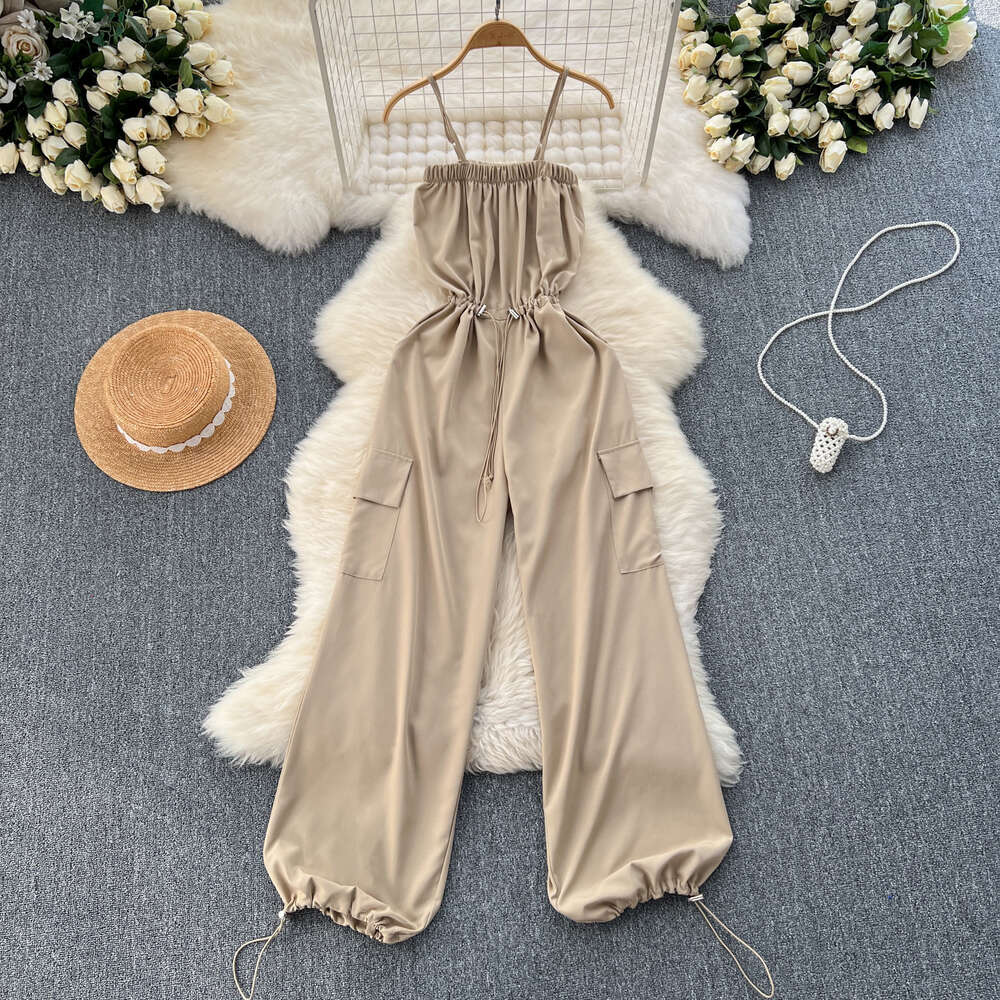 Korean style outfit with reduced age college style camisole jumpsuit for womens workwear large pocket slim fit long wide leg pants