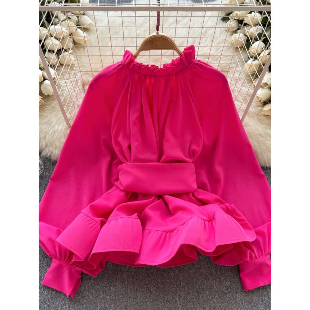 Luxury and luxurious French court style waistband lace up ruffled shirt for womens niche long sleeved top