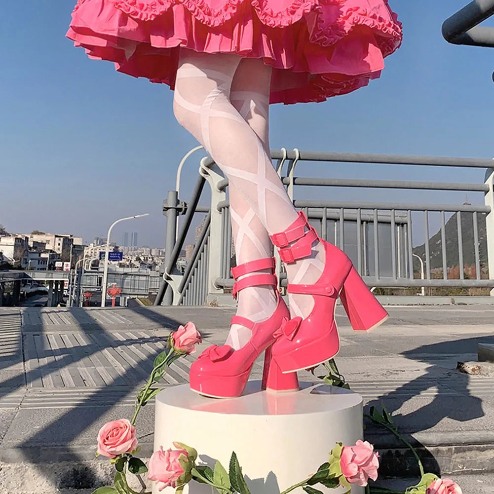 Lapolaka womens bow decoration bulky high heel pump Lolita ankle strap pump 240606