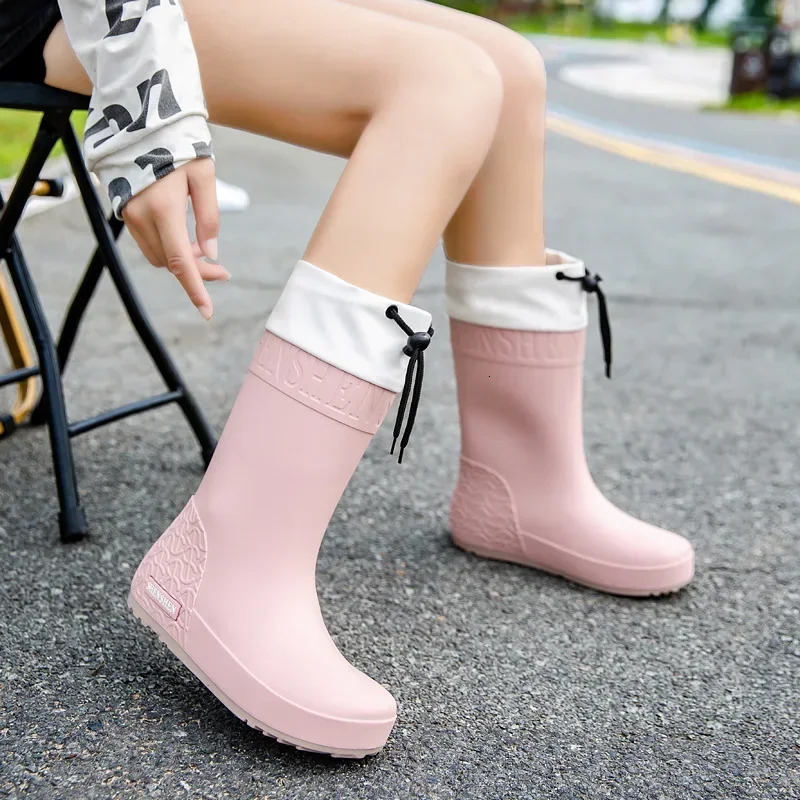 Mid Calf Womens Rain Fashion Winter Outdoor Thicken Warm Anti Slip Ladies Hiking Boots PVC Waterproof Woman Water Shoes