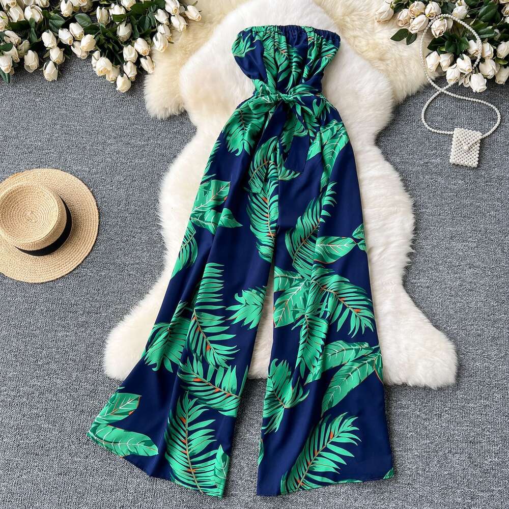 Instagram vacation jumpsuit for women light mature style waist strap one line collar strapless long casual printed pants