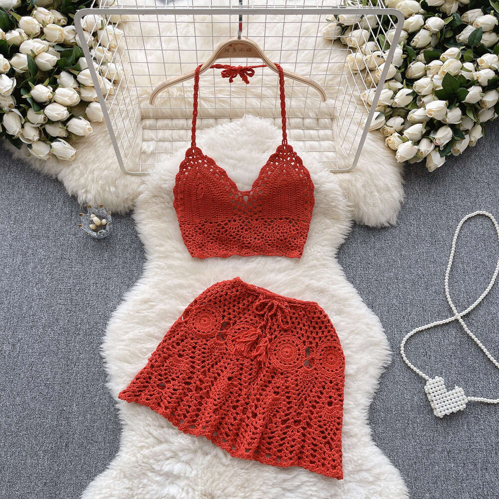 Beach resort style knitted camisole strapless hollowed out small vest+high waisted skirt spicy girl two-piece set for women